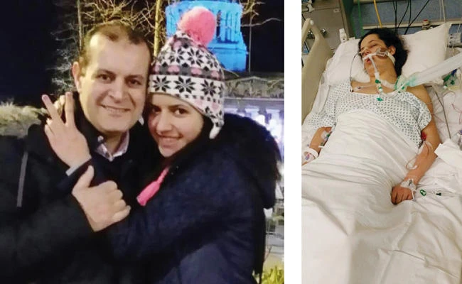 In this combo image, Mariam Moustafa is shown with her uncle Amr El-Hariry in an undated photo. The second picture shows Mariam in hospital in Nottingham, England, after she was attacked by a gang.