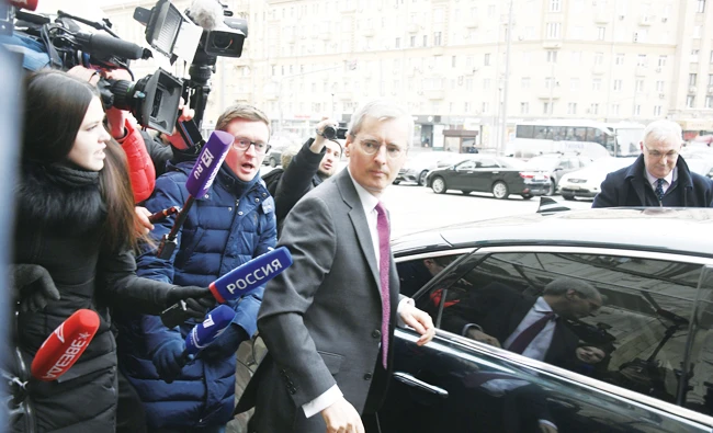 British ambassador to Russia Laurie Bristow arrives at the Russian Foreign Ministry headquarters in Moscow on Tuesday. (AFP)