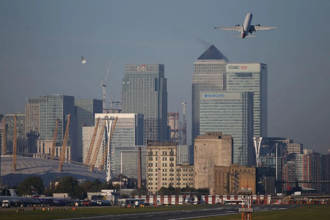 An airplane takes off at London City Airport. UK lawmakers said the government should consider postponing Brexit to have time to secure a deal with the EU. (AFP)