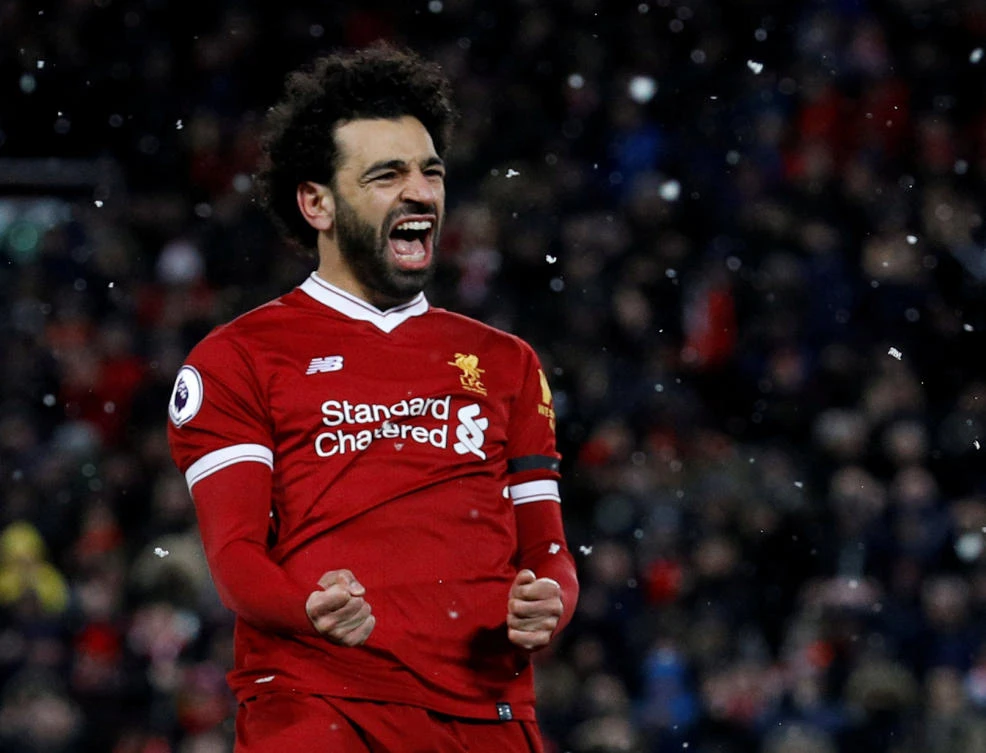 Mohamed Salah celebrates scoring his fourth goal against Watford. (Reuters)