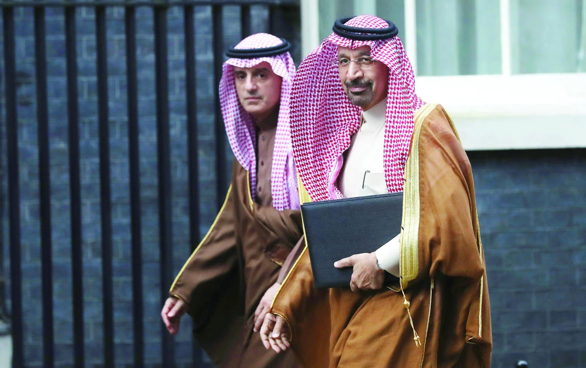 Saudi Arabia’s Oil Minister Khalid Al-Falih and Foreign Minister Adel Al-Jubeir arrive in Downing Street in London, March 7, 2018. (Reuters)