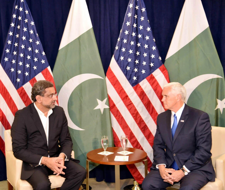 Prime Minister Shahid Khaqan Abbasi, left, with US Vice President Mike Pence in New York. (Photo courtesy the Prime Minister's Office)