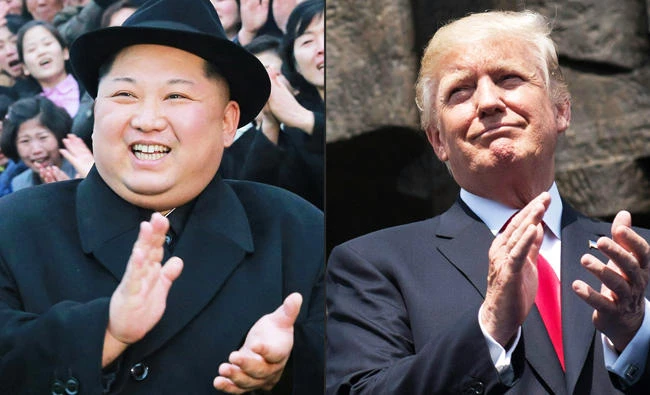 This combination of pictures created on March 09, 2018 comprising of an undated picture released from North Korea's official Korean Central News Agency (KCNA) on January 17, 2018 showing North Korean leader Kim Jong-Un visiting the newly-renovated Pyongyang Teachers' University in Pyongyang and US President Donald Trump applauding as he stands in front of the Warsaw Uprising Monument on Krasinski Square during the Three Seas Initiative Summit in Warsaw, Poland, in this July 6, 2017 file photos. (AFP)