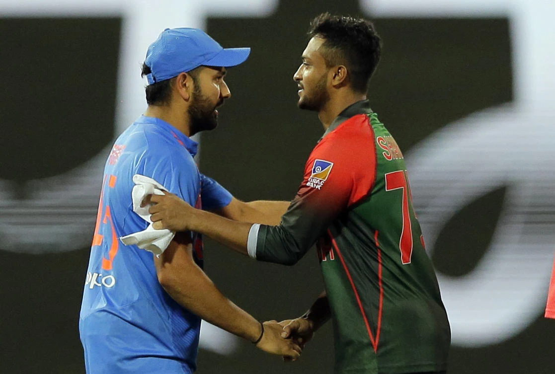 Bangladesh’s captain Shakib Al Hasan, right, congratulates his Indian counterpart Rohit Sharma after the finals of Nidahas triangular Twenty20 cricket series in Colombo, Sri Lanka, Sunday, March 18, 2018. (AP/Eranga Jayawardena)