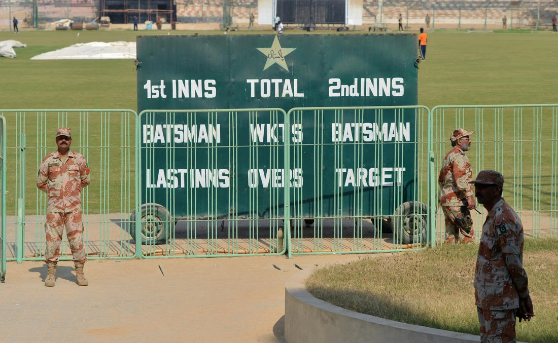 In this file photo taken, Pakistani rangers stand guard outside the National Stadium in Karachi on Feb. 11, 2018. (AFP)