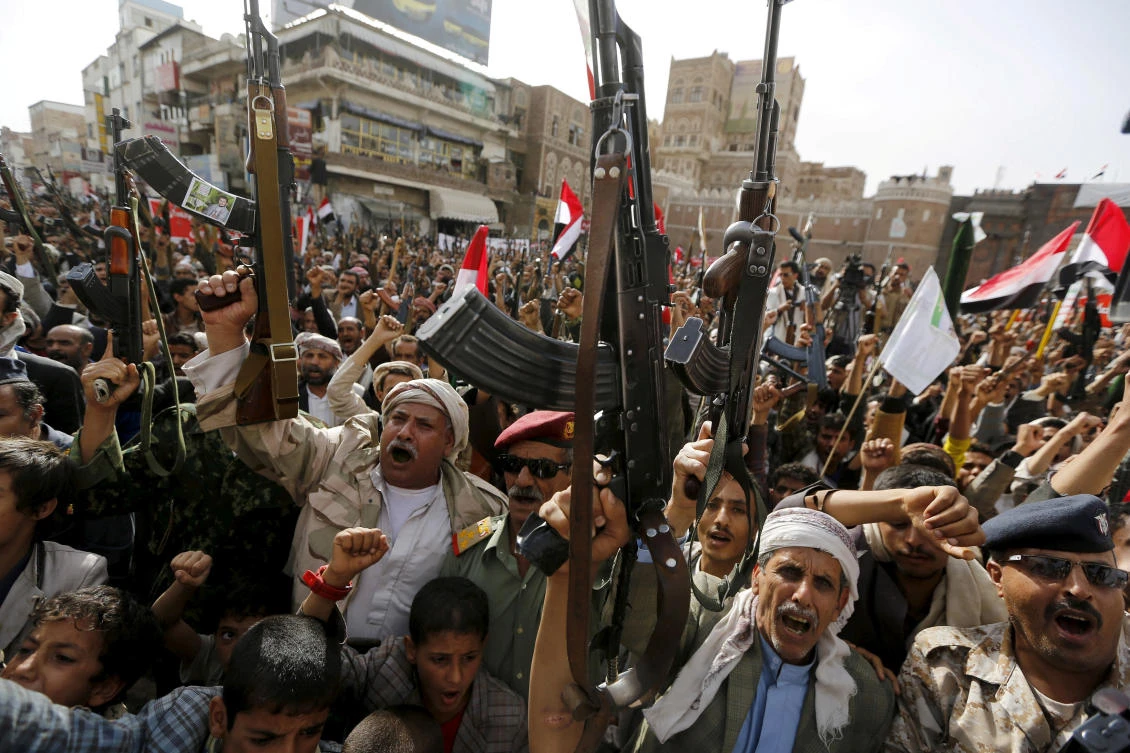 Armed Houthi followers rally in Sanaa June 14, 2015. (Reuters)