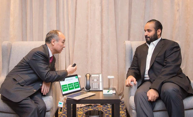 Saudi Arabian crown prince Mohammed bin Salman meets with Chairman of SoftBank CEO Masayoshi Son in New York today. (SPA)