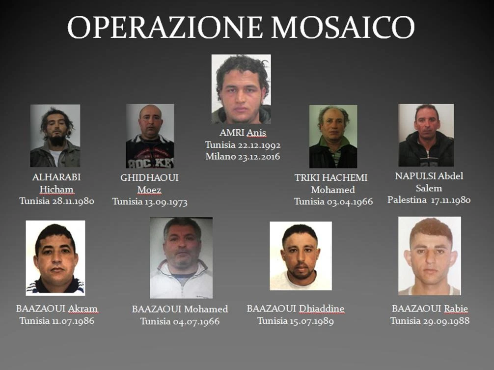 Graphic provided by Italian Police shows the mugshots of Anis Amri (center top), and clockwise from top left, Hicham Alharabi, Moez Ghidhaoui, and Hachemi Triki, who were expelled after the Berlin attack, and Abdel Napulsi, Rabie Baazaoui, Dhiaddine Baazaoui, Mohamed Baazaoui and Akram Baazaoui, who were linked to the Berlin attacker as part of operatiion ‘Mosaic“