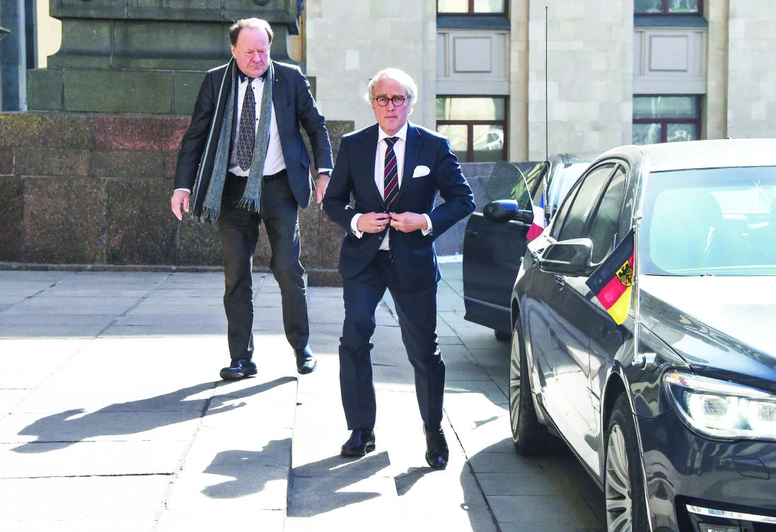 German Ambassador to Russia Ruediger Von Fritsch arrives at the Russian Foreign Ministry headquarters in Moscow on Friday. (AFP)