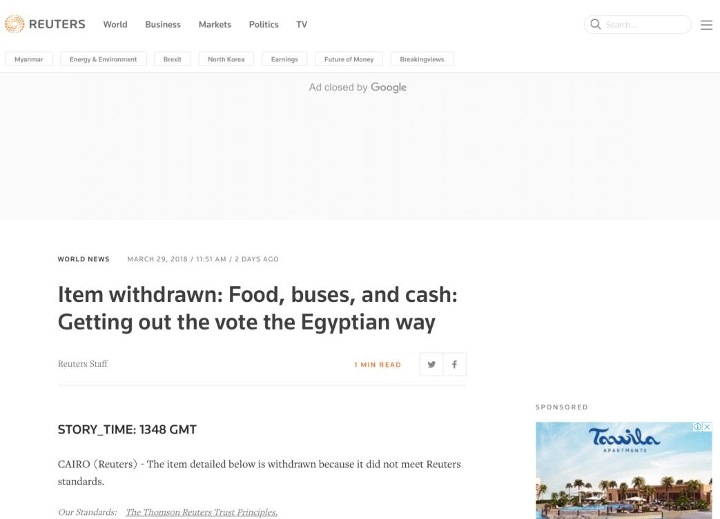 Screen shot of the Reuters story that was taken down about the Egyptian elections. (Screen Shot)