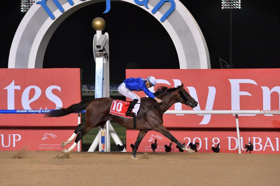Jockey Christophe Soumillon rides Thunder Snow across the finish line to win the Dubai World Cup. (AFP)