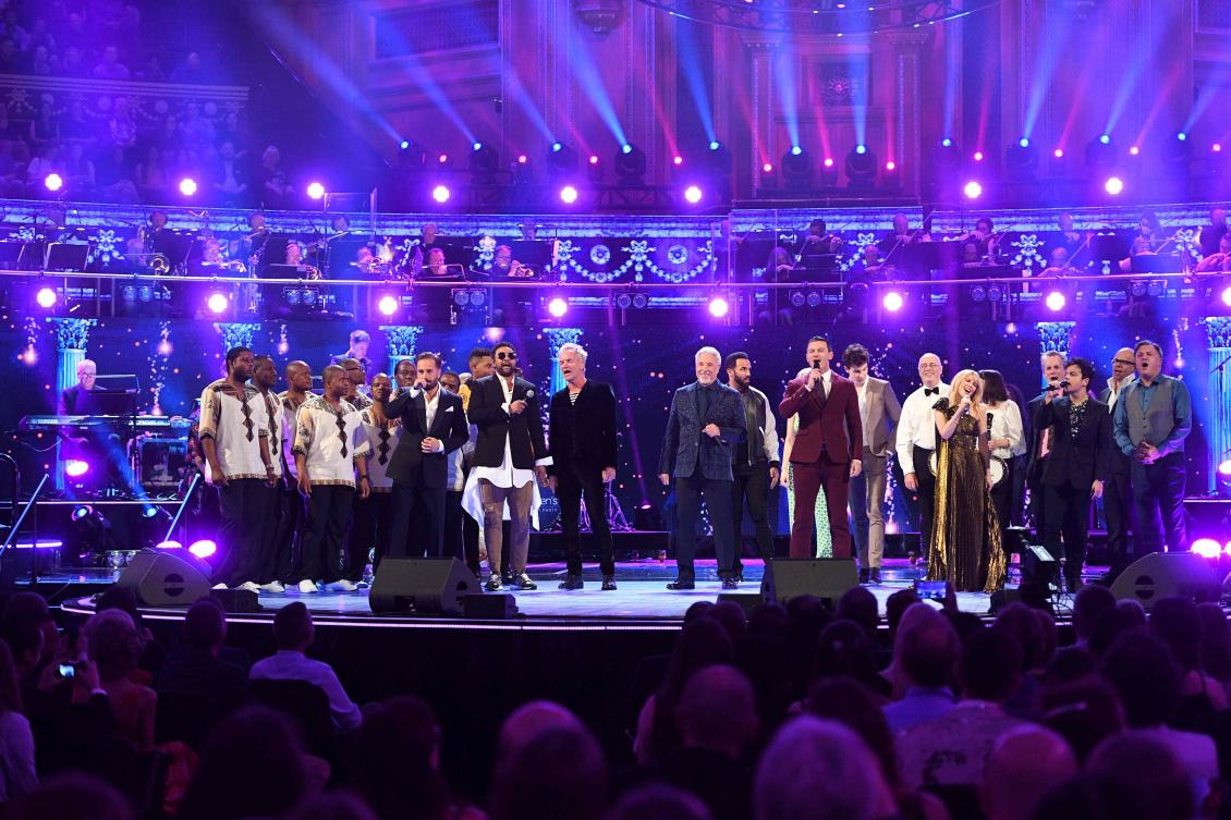 Performers including Ladysmith Black Mambazo, British tenor Alfie Boe, US musician Shaggy, British musician Sting, British singer Tom Jones, Australian singer Kylie Minogue, Craig David, Donel Mangena, former Labour MP Ed Balls, Frank Skinner, Harry Hill, Canadian singer-songwriter Shawn Mendes and British singer-songwriter Jamie Cullum take the stage at The Queen's Birthday Party concert at the Royal Albert Hall in London on April 21, 2018 on the occassion of Britain's Queen Elizabeth II's 92nd birthday. / AFP / POOL / Andrew Parsons