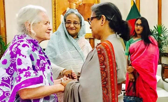 The 87-year-old British woman, Lucy Holt, was awarded Bangladeshi citizenship by Prime Minister Sheikh Hasina in Dhaka. (Photo Courtesy: Press Information Department)