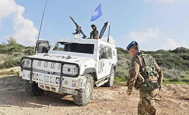 Soldiers form the Italian contingent in the UNIFIL patrol the blue line in Lebanon's southern border town of Naqura on the border with Israel, south of Beirut, in this February 24, 2018 photo. (AFP)