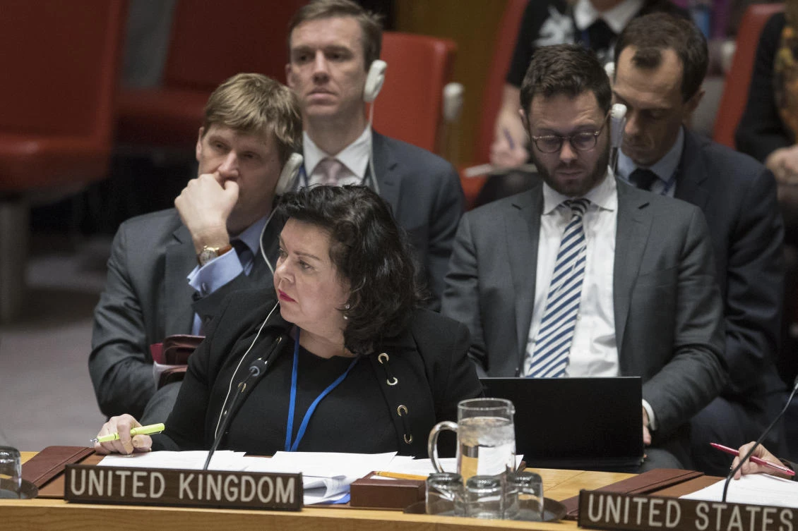 British Ambassador to the United Nations Karen Pierce listens as Russian Ambassador to the United Nations Vassily Nebenzia speaks during a Security Council meeting. (AP)