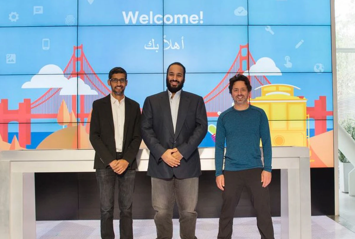 From the left, CEO of Google, Pichai Sundararajan, Saudi Crown Prince Mohammad bin Salman, President of Alphabet Sergey Brin. (SPA)