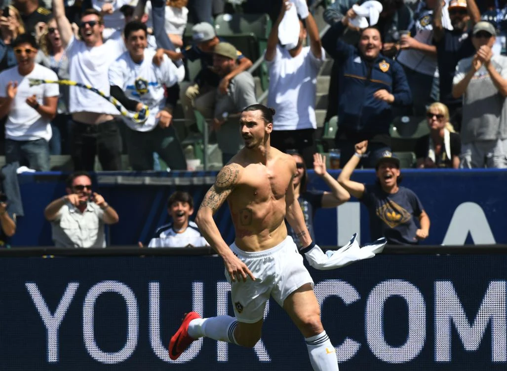 Zlatan Ibrahimovic from LA Galaxy celebrates after scoring against LAFC during their Major League Soccer (MLS) game at the StarHub Center in Los Angeles, California. (AFP)