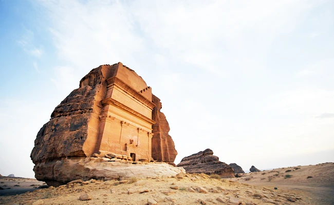A carved rose-colored sandstone mountains in the Nabataean archaeological site of Al-Hijr near the northwestern town of Al-Ula, Saudi Arabia. AFP