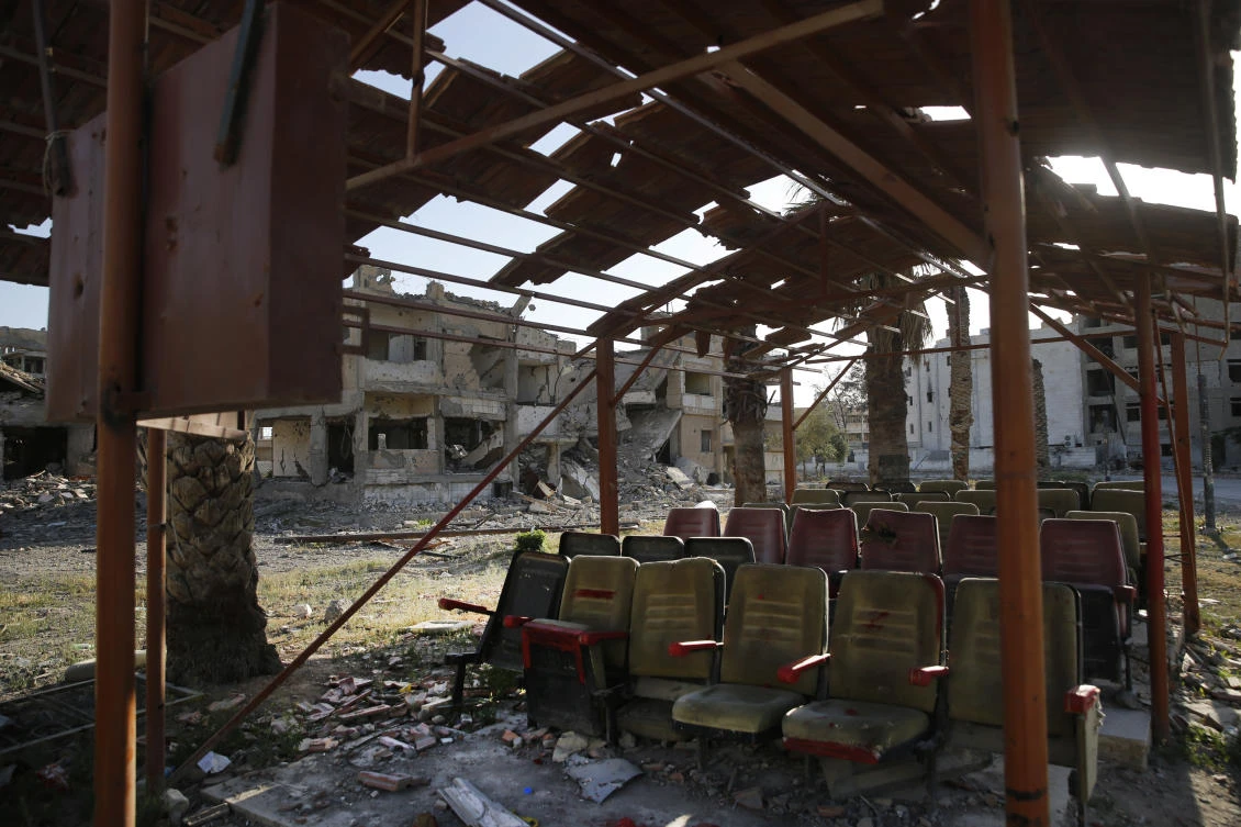 This photo shows a media center the Islamic State group used to screen propaganda videos, which was destroyed last summer during fighting between US-backed Syrian Democratic Forces fighters and Daesh militants, in Raqqa, Syria. (AP)