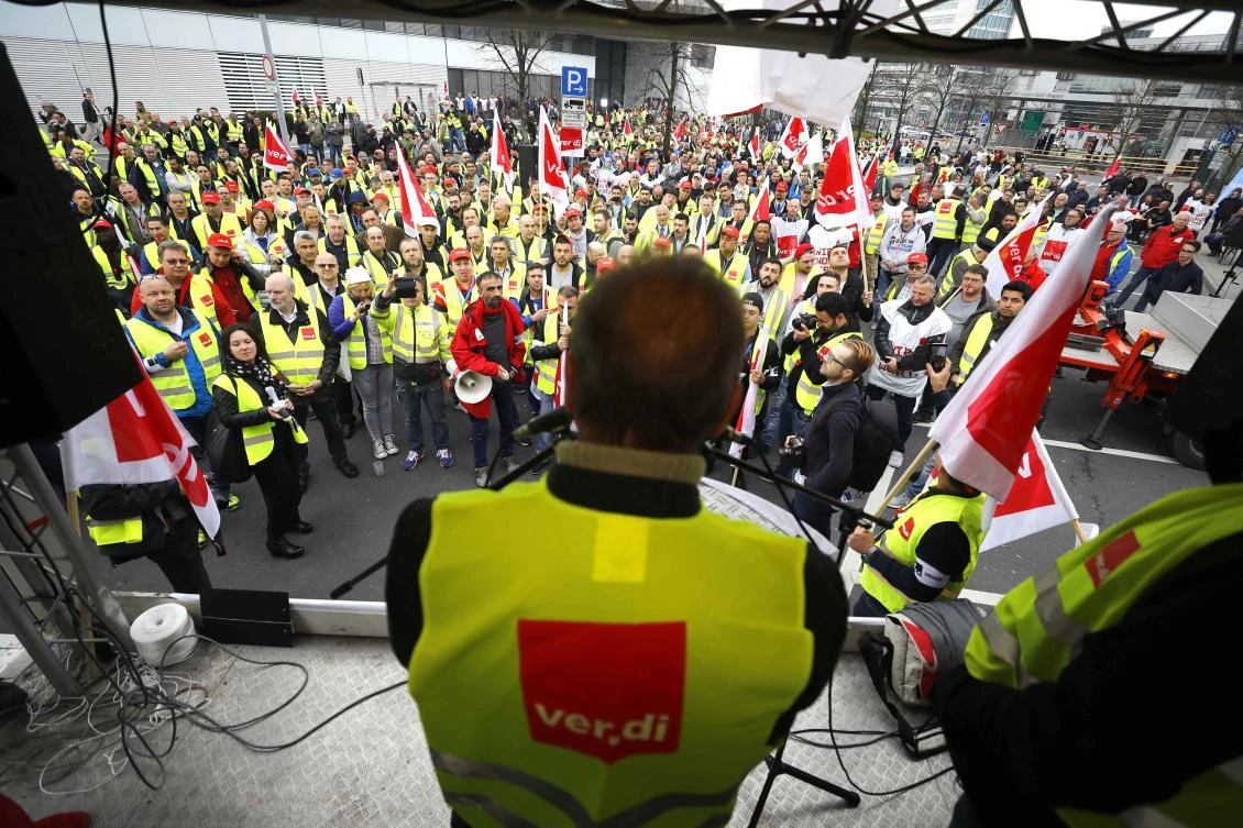 German public sector workers union Verdi leader Frank Bsirske delivers a speech during the strike at the Frankfurt airport in demand for higher wages on April 10. (Reuters)