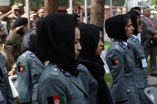 Afghan policewomen participate in a ceremony celebrating Women's Police Town. (Resolute Support Forces — Afghanistan)