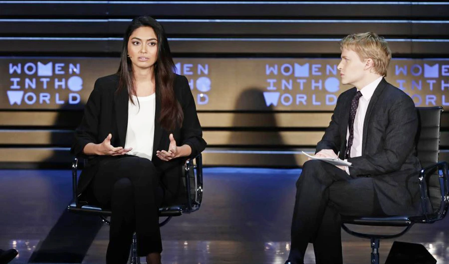 Italian model Ambra Battilana Gutierrez, left, speaks as Ronan Farrow looks on during the ninth annual Women in the World Summit. (AP)