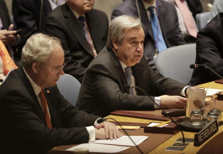 Antonio Guterres, Secretary-General of the United Nations, speaks during a Security Council meeting, Friday, April 13, 2018, at the UN's headquarters. (AP)