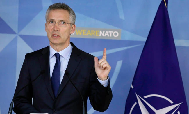 NATO Secretary General Jens Stoltenberg gestures during a media conference with Slovak Prime Minister Peter Pellegrini at NATO Headquarters in Brussels, on Thursday, April 12, 2018. (AP)