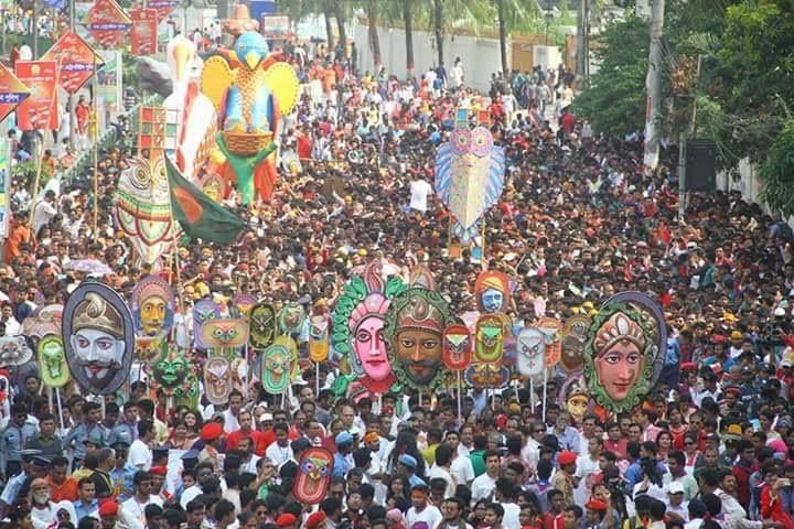 Bangladeshis celebrate Bangla New Year 1425. A rally organized by Dhaka University students is a major attraction for the city’s residents. (Courtesy Sarabangla)
