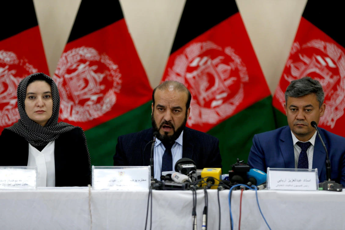 Gula Jan Abdul Badi Sayad chairman of Independent Elections Commission (IEC) of Afghanistan, speaks during a news conference in Kabul, Afghanistan April 1, 2018. (Reuters)