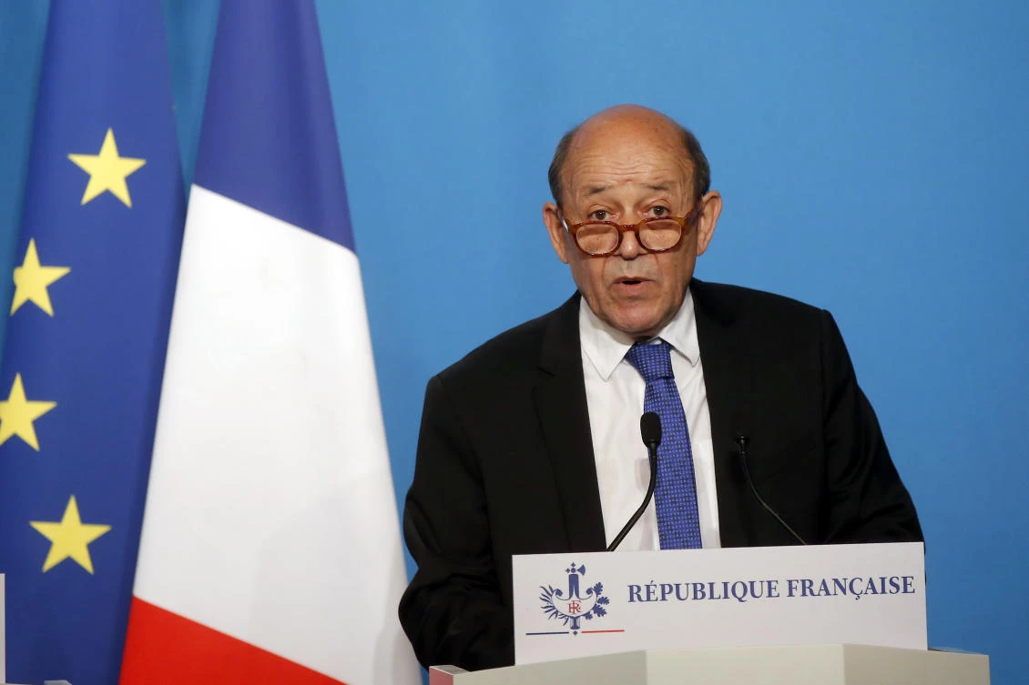 French Minister for Foreign Affairs Jean-Yves Le Drian gives an official statement in the press room after attending an emergency meeting with French President Emmanuel Macron at the Elysee Palace, in Paris, France, Saturday, April 14, 2018. (AP/Michel Euler, Pool)