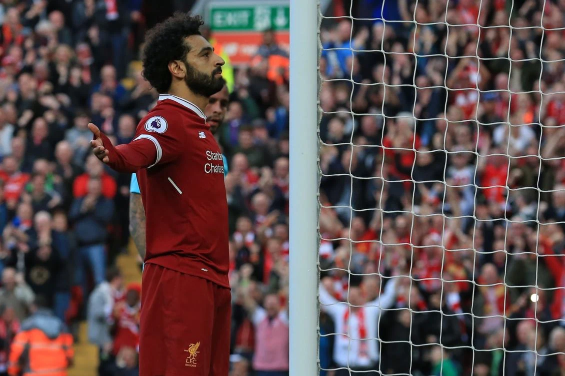 Mohamed Salah celebrates scoring against Bournemouth on Saturday. The Egyptian now has 40 for the season. (AFP)