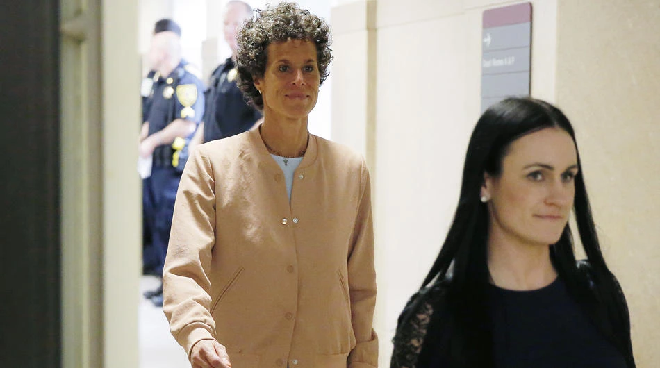 Andrea Constand, left, returns to the courtroom after a lunch break during Bill Cosby's sexual assault retrial at the Montgomery County Courthouse in Norristown, Philadelphia on April 16, 2018. (Dominick Reuter/Pool Photo via AP)