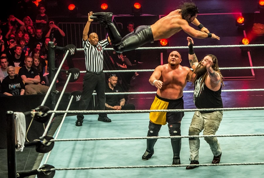 This file photo shows Seth and Bray Samoa Joe (R) battle during a WWE show at Zenith Arena in May, 2017 in Lille, France (Philippe Huguen / AFP)