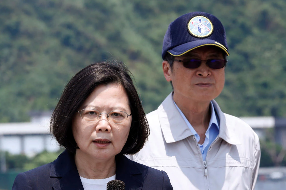 Taiwanese President Tsai Ing-wen and Minister of National Defense Yen Teh-fa attend a drill near Yilan naval base on April 13. (Reuters)