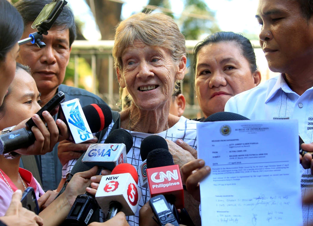 Australian nun Patricia Fox faces the media after her release, after earlier being arrested for ‘disorderly conduct’, from the Bureau of Immigration headquarters in Metro Manila. (Reuters)
