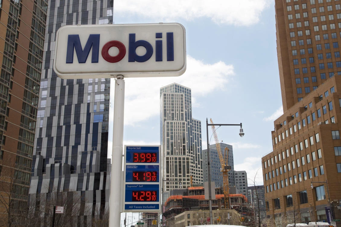 Gas prices are displayed at a Mobil station in New York. Oil prices are surging to the highest in years, spurred by tension in the Middle East.