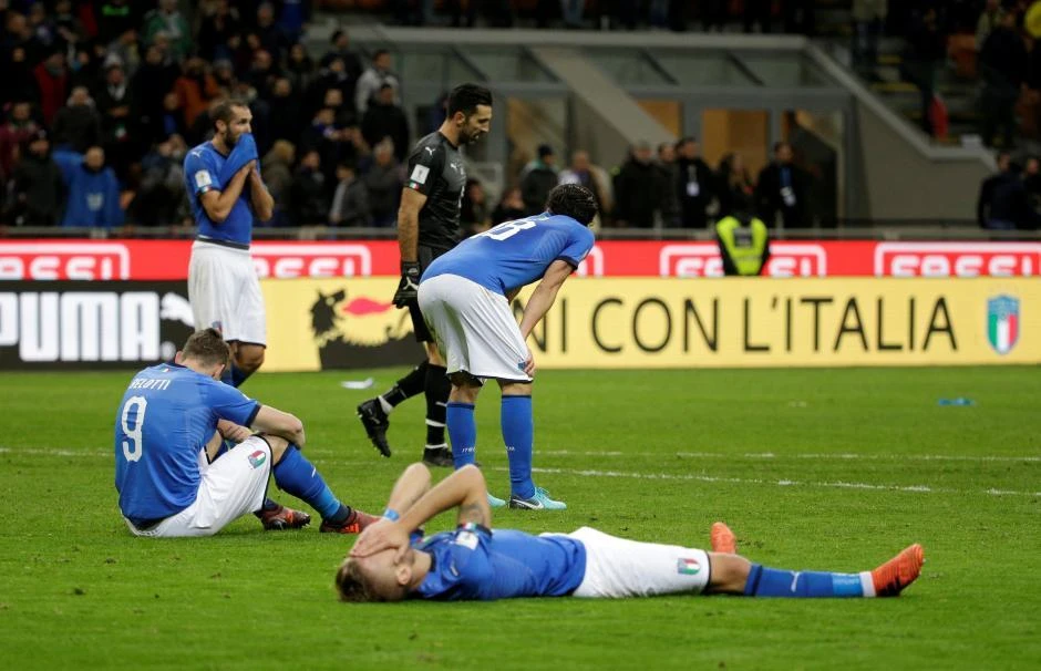 Italian players react with dismay after failing to beat Sweden over the course of a two-legged World Cup play-off qualifier at the San Siro, in Milan, last November, and failing to qualify for Russia 2018. (Reuters)
