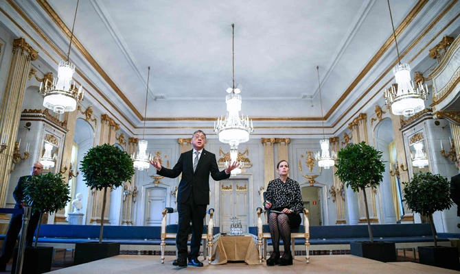 In this file photo taken on December 6, 2017, Sara Danius, then Permanent Secretary of the Swedish Academy, reacting as the 2017 Nobel Literature Prize laureate, British writer Kazuo Ishiguro, speaks during a press conference in Stockholm. (AFP / Jonathan Nackstrand)