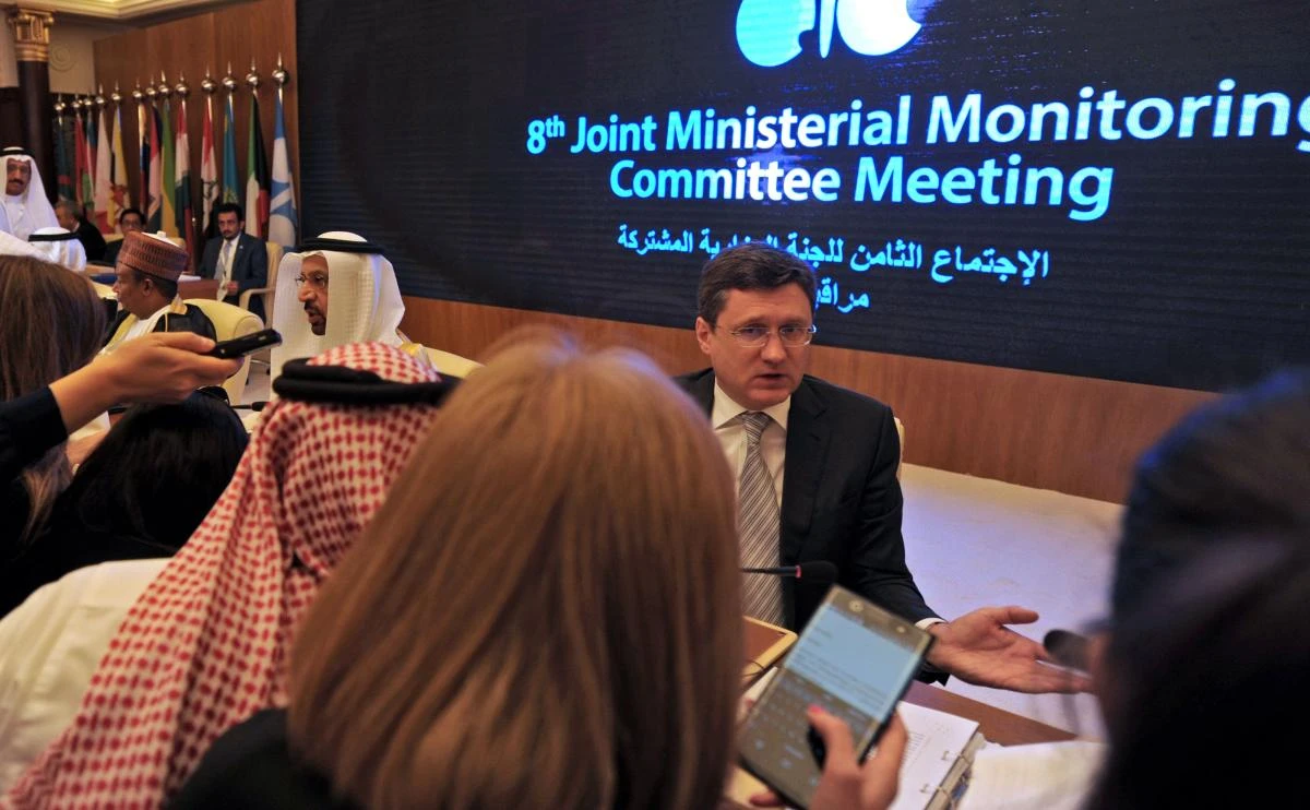 Saudi Energy Minister Khaled Al-Faleh, left, and Russian Energy Minister Alexander Novak talk to the media during a meeting of OPEC and non-OPEC members in Jeddah on April 20. (AFP)