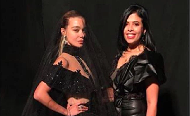 Rana Yousry at AFW, with a model for her ‘Black Rose’ collection @ryousry