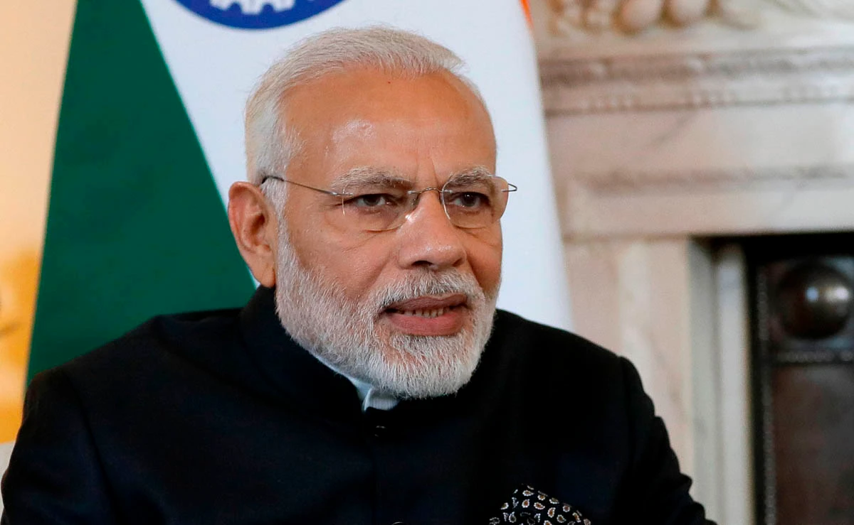 In this file photo, India’s Prime Minister Narendra Modi speaks during his bilateral meeting with Britain’s Prime Minister Theresa May (unseen) inside 10 Downing Street in central London on April 18, 2017. (Pool via AFP)