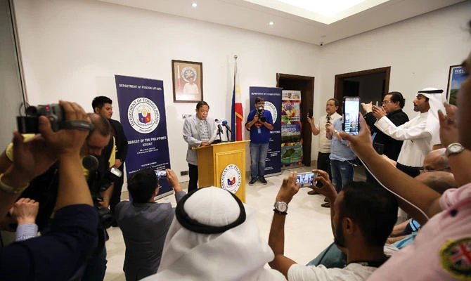 Ambassador Renato Villa speaks during a press conference at the Philippines Embassy in Kuwait City on April 21, 2018. (AFP / YASSER AL-ZAYYAT)