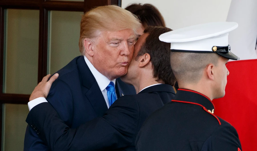 President Donald Trump greets French President Emmanuel Macron at the White House. (AP)