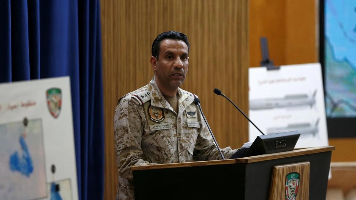 Colonel Turki Al-Malki, spokesman for the Arab Coalition in Yemen, addresses a news conference in Riyadh on March 26, 2018. (Reuters)