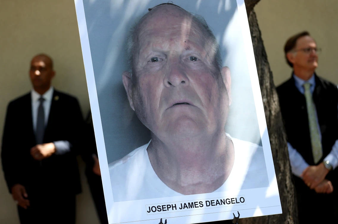 A photo of accused rapist and killer Joseph James DeAngelo is displayed during a news conference on April 25, 2018 in Sacramento, California. (Justin Sullivan/Getty Images/AFP)