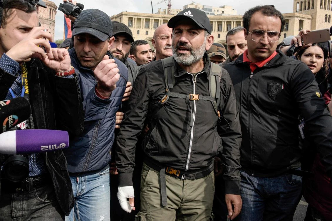 Armenia’s anti-government protest leader Nikol Pashinyan leaves after a televised meeting with Armenian Prime Minister Serzh Sarkisian who left shortly after it began in an hotel in Yerevan on April 22, 2018, denouncing the opposition’s “blackmail” after 10 days of mass demonstrations against an alleged power grab by Sarkisian. (AFP/Vano Shlamov)