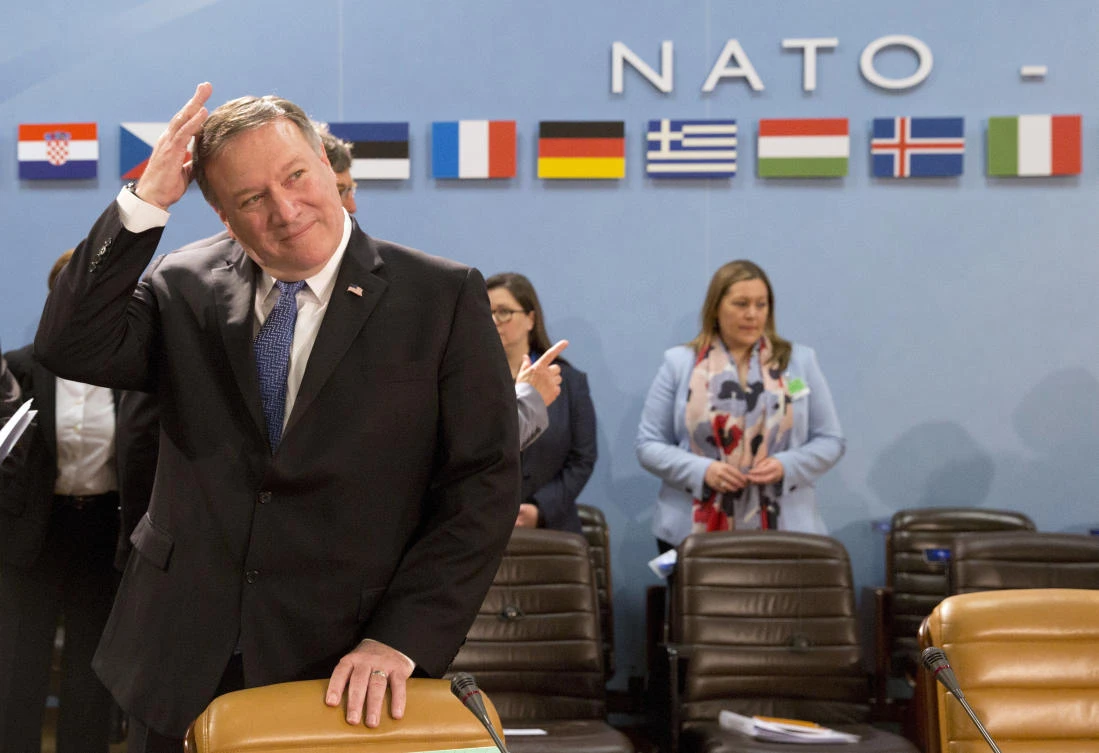 Photo showing US Secretary of State Mike Pompeo waits for the start of the North Atlantic Council at NATO headquarters in Brussels, Friday, April 27, 2018. (AP)