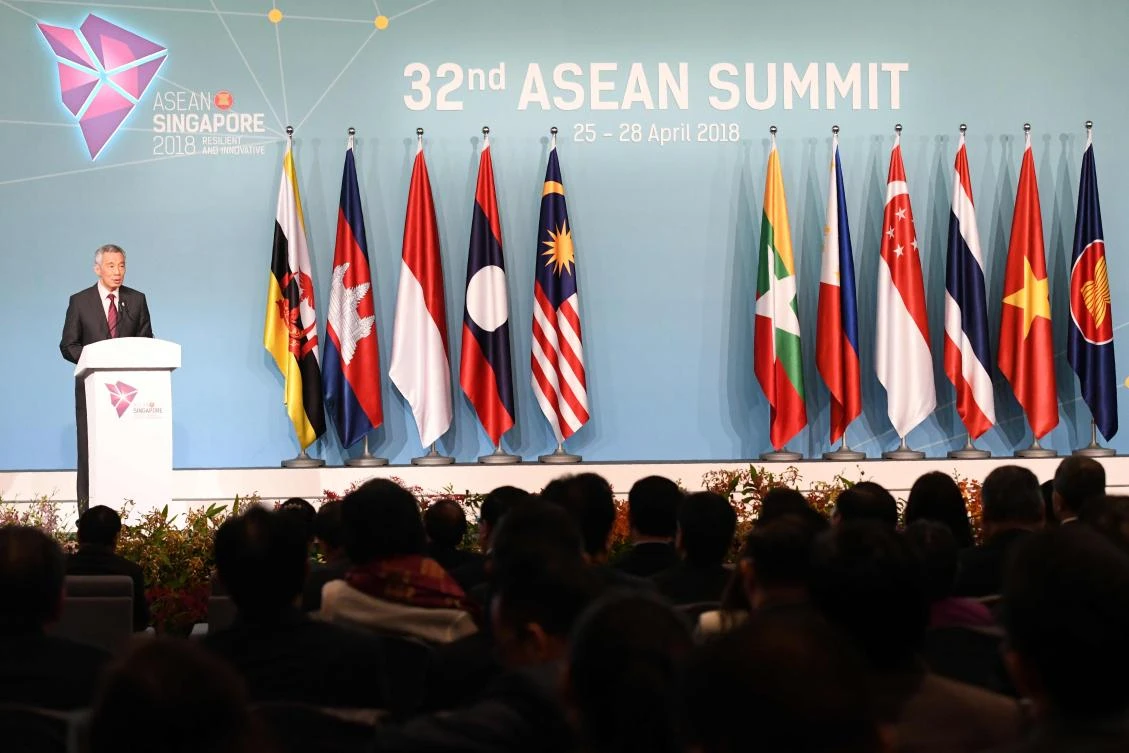 Singapore Prime Minister Lee Hsien Loong delivers his opening address at the 32nd ASEAN (Association of Southeast Asian Nations) Summit in Singapore on April 28, 2018. (AFP)