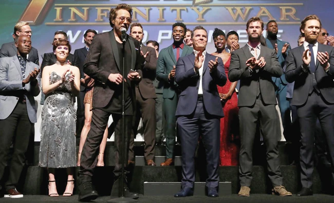 The cast and crew of ‘Avengers: Infinity War’ onstage at the LA premiere . (AFP)